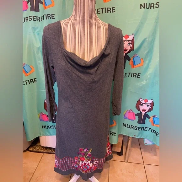 Johnny Was embroidered Heather Grey knitted Cowl neck midi Dress size Med